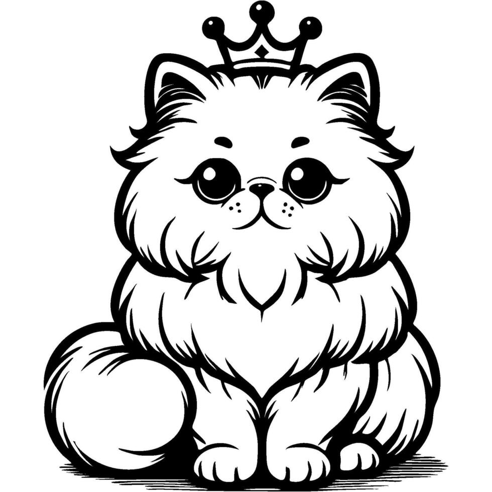 Fluffy Persian cat sits with a crown on her head in monochrome. Simple minimalistic image in black ink drawing on white background vector
