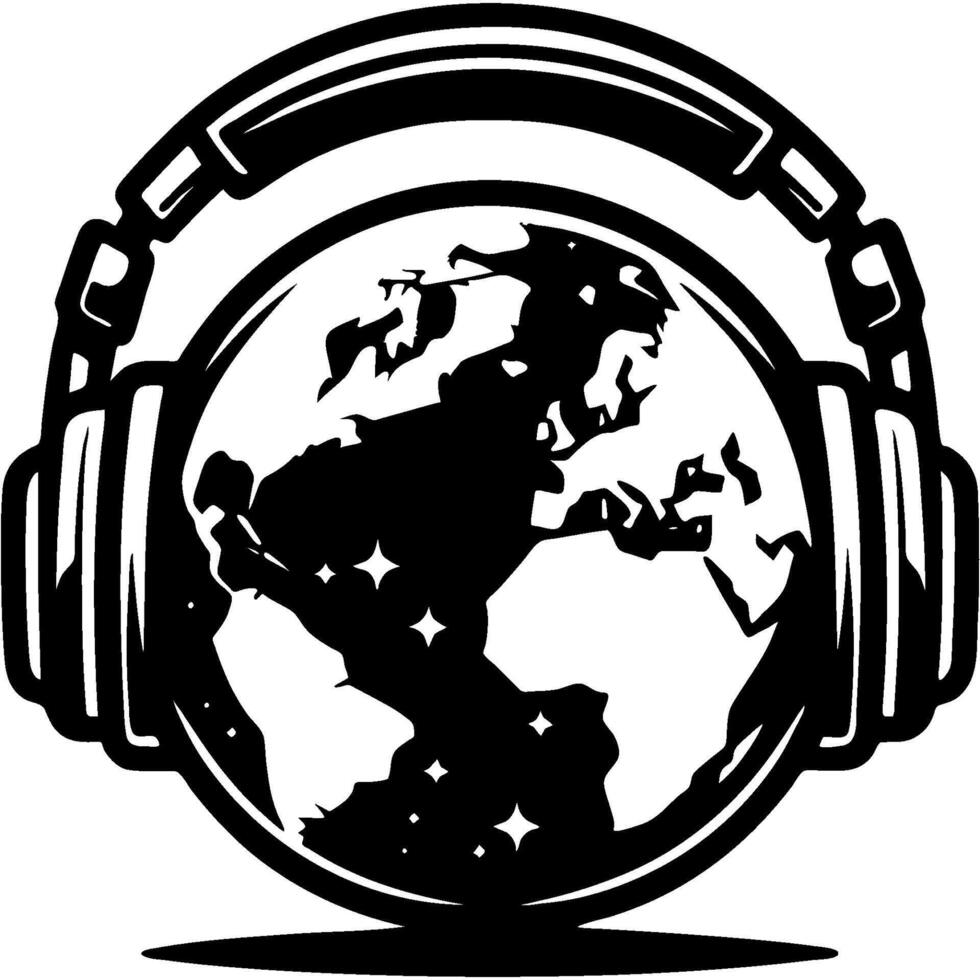 Planet earth with radio DJ wireless headphones on in monochrome. Simple minimalistic image in black ink drawing on white background vector