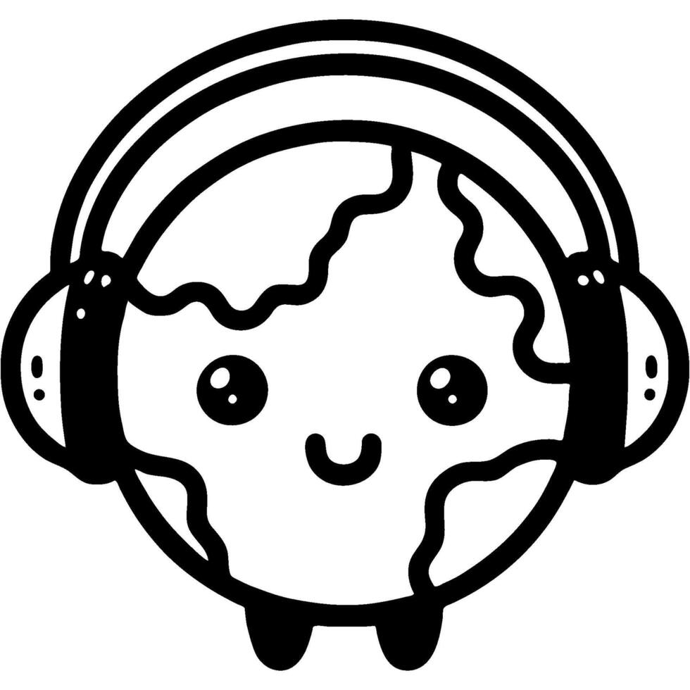 Toy planet earth DJ radio host in headphones in monochrome. Simple minimalistic image in black ink drawing on white background vector