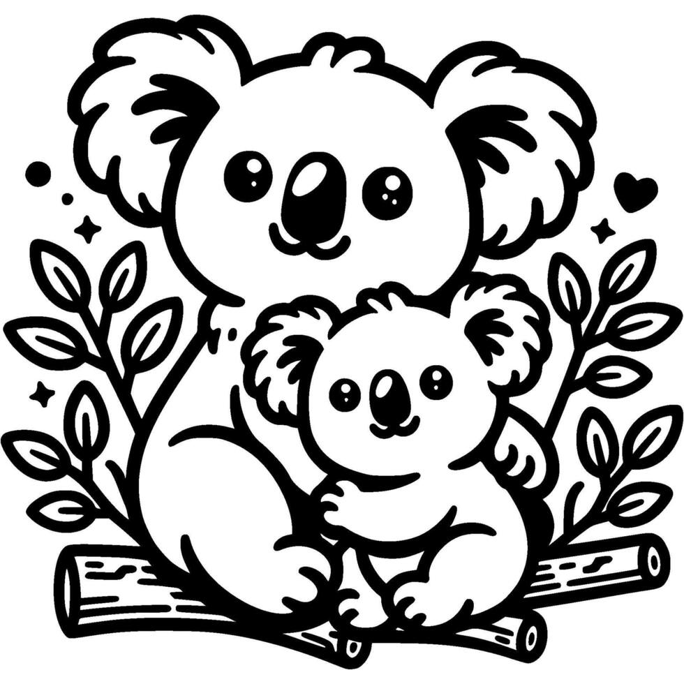 Family of mother and baby koalas sitting on eucalyptus branch for photo at zoo in monochrome. Simple minimalistic image in black ink drawing on white background vector