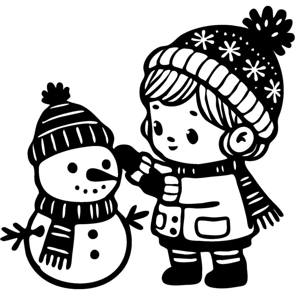 Girl making a snowman in monochrome. Simple minimalistic image in black ink drawing on white background vector