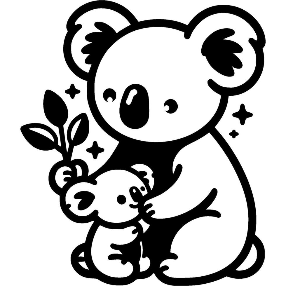 Mother treats baby koala with eucalyptus branch with juicy leaves in monochrome. Simple minimalistic image in black ink drawing on white background vector