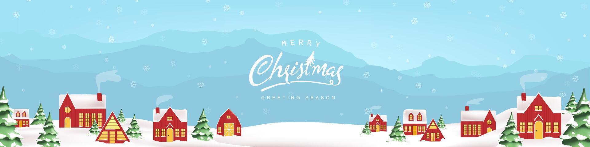 Merry christmas and happy new year greeting card banner background with winter christmas landscape snow falling at red village in forest among mountains vector