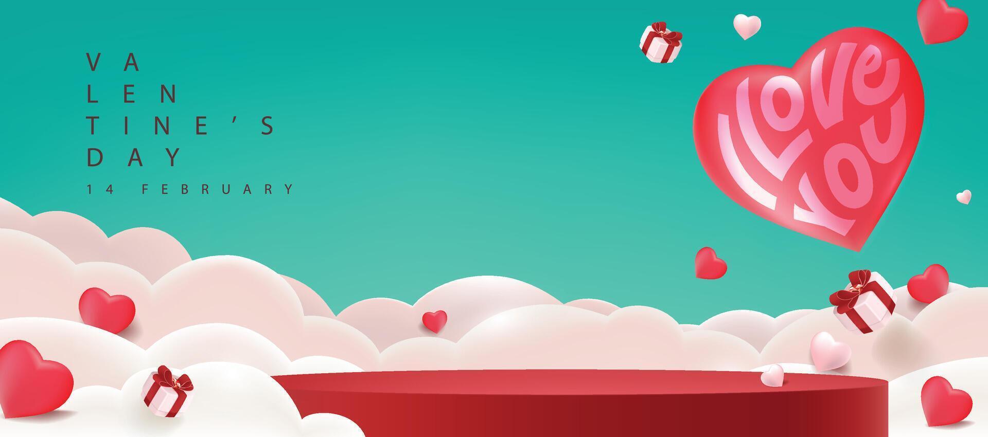 Valentines day sale promotion banner background with product display cylindrical shape and Heart Shape Balloon on sky vector