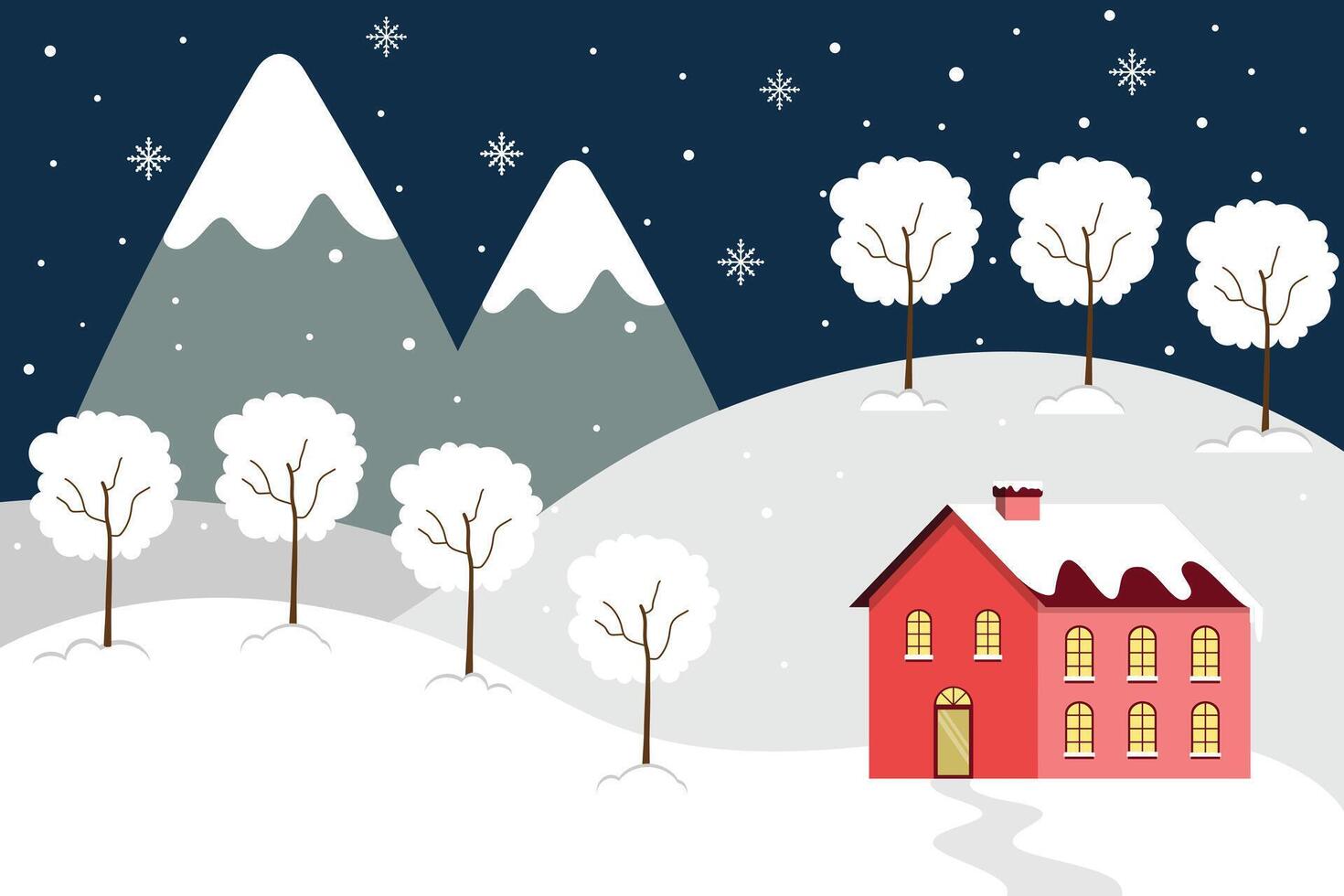 Warm House Surrounded By Snow Trees And Mountains In Winter Christmas vector