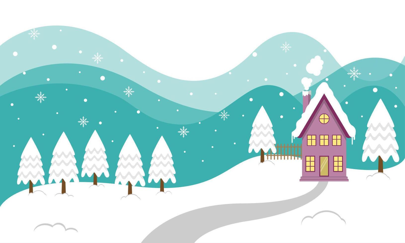 Snowy House And Residence Surrounded By Pine Trees In Winter Christmas Season vector