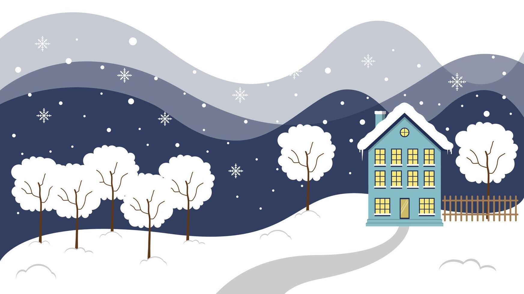 Snowy House Or Residence Surrounded By Trees In Winter Christmas Season vector