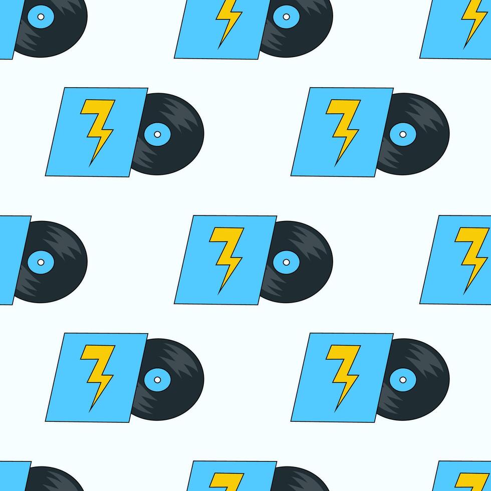 Seamless Pattern. Vinyl record with lightning design cover. LP or long play music disc. DJ equipment for disco party background. Discotheque nostalgia concept. flat illustration. vector