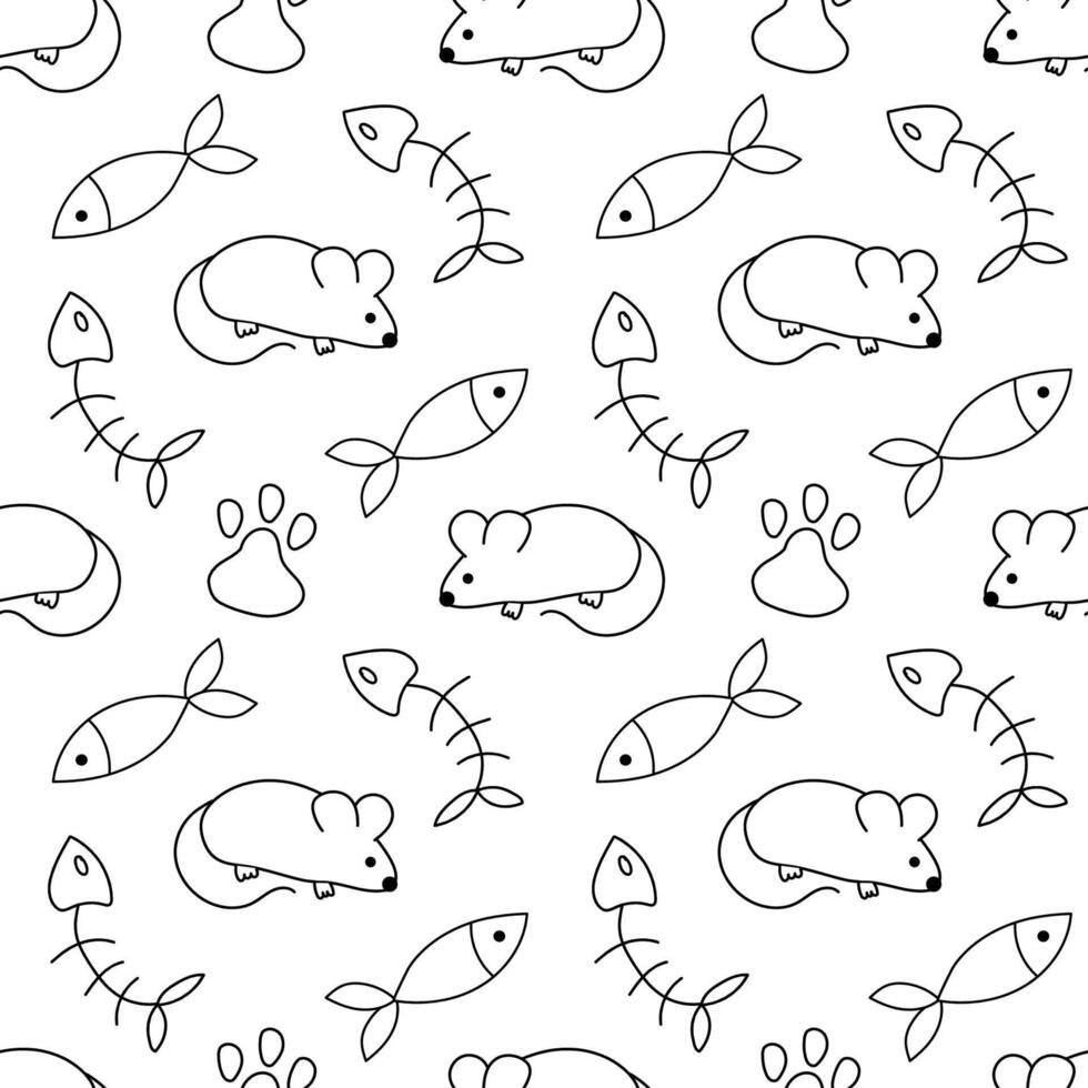 Seamless pattern with Cute mouse, fish and fish bone, paw. Outline, Doodle, Line Art. Animal Background. Flat illustration. vector