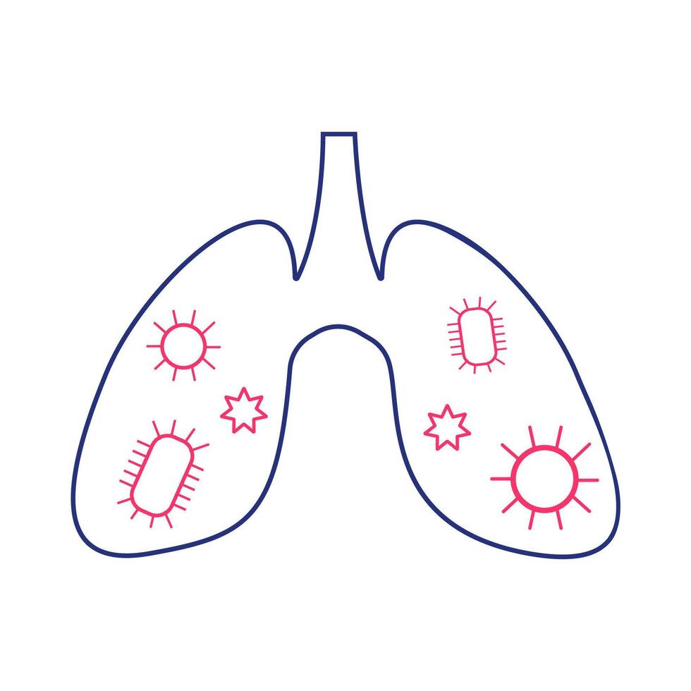 Illustration of human lungs surrounded by various pathogens depicting the importance of respiratory health and disease prevention measures vector