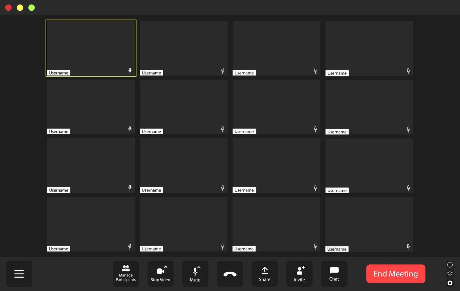 A digital workspace is ready for interaction, displaying multiple empty boxes waiting for participants. Usernames are visible, hinting at an upcoming conference or collaboration. vector
