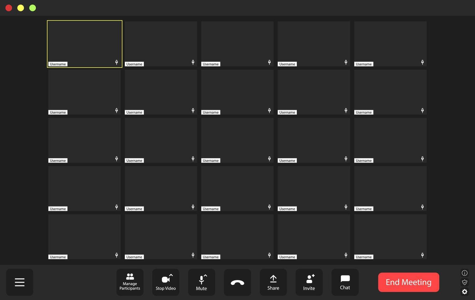 In a virtual meeting room during the evening, a grid of empty participant squares indicates a waiting audience, emphasizing the anticipation for discussions to start. vector