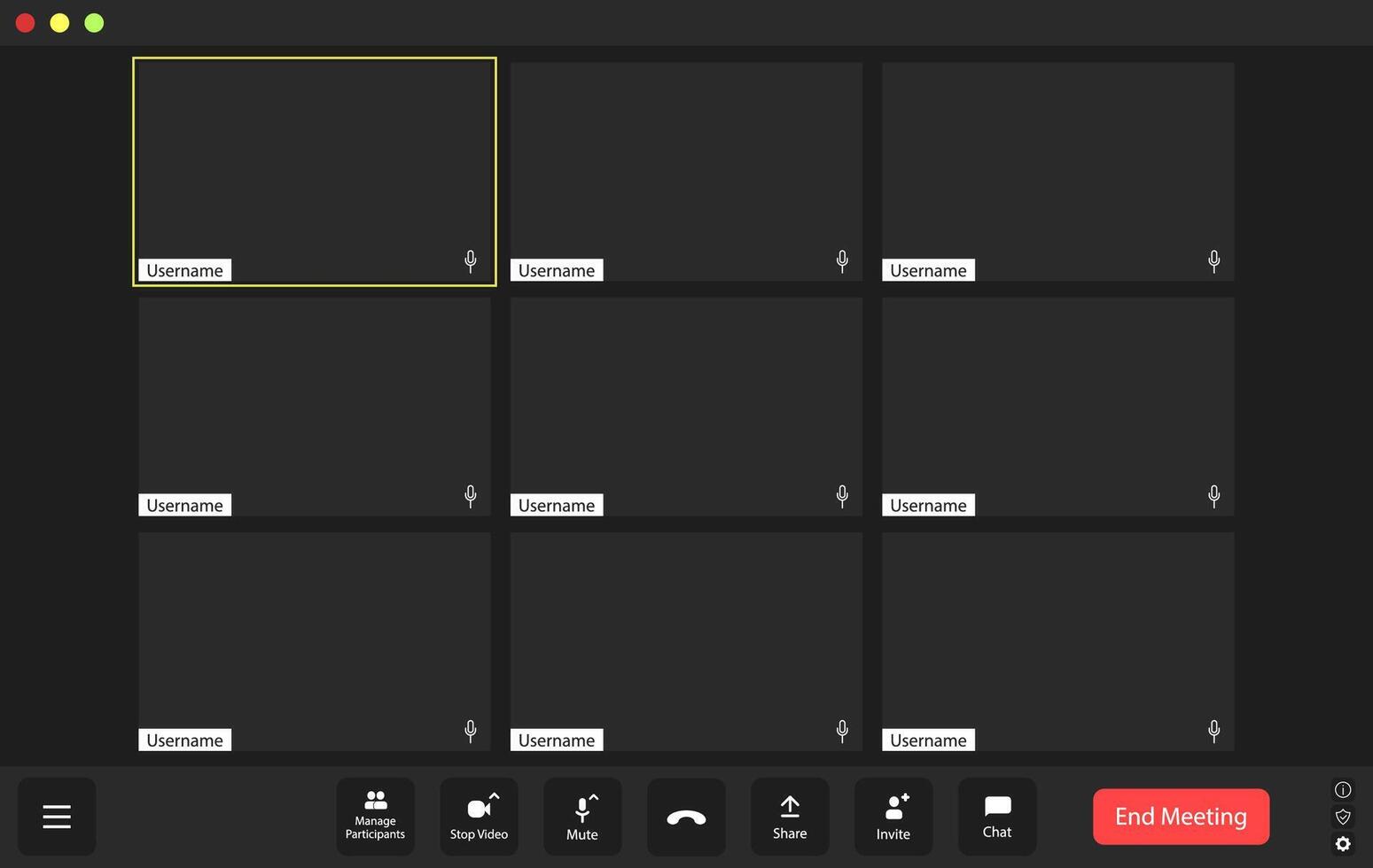 Virtual gathering with empty participant squares and interface elements during a digital meeting at sunset vector