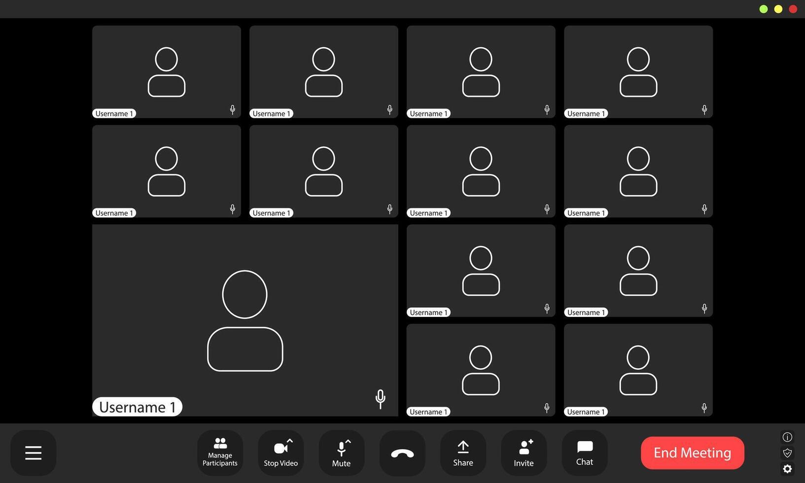 A virtual meeting with participants in blacked-out screens, creating an abstract digital gathering space during an online conference vector