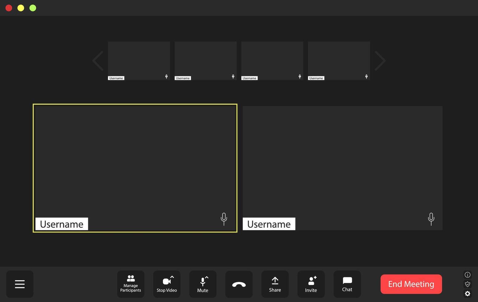 In a virtual meeting setting, usernames are displayed prominently on empty feeds, highlighting attendees and interactive features during online collaboration. vector