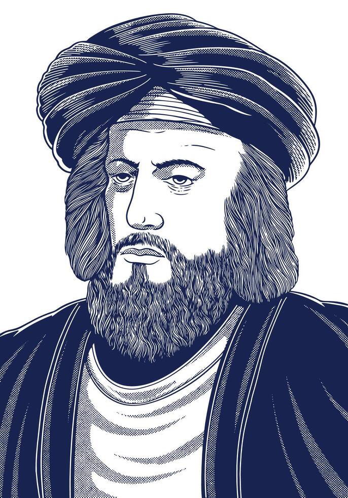 Al-Kindi 801-873 Hand Drawn Engraving Portrait. Philosopher and Pioneer of Islamic Thought. vector