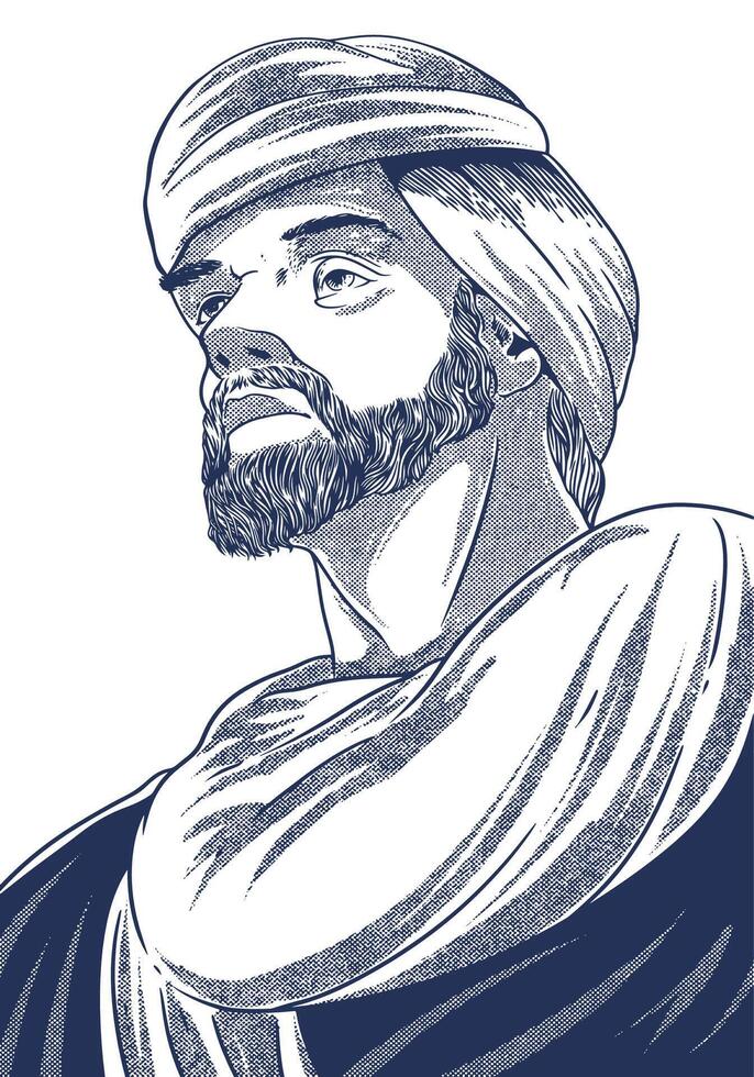 Al-Biruni 973-1048 Hand Drawn Engraving Portrait. Scholar of Astronomy, Mathematics, and Anthropology. vector