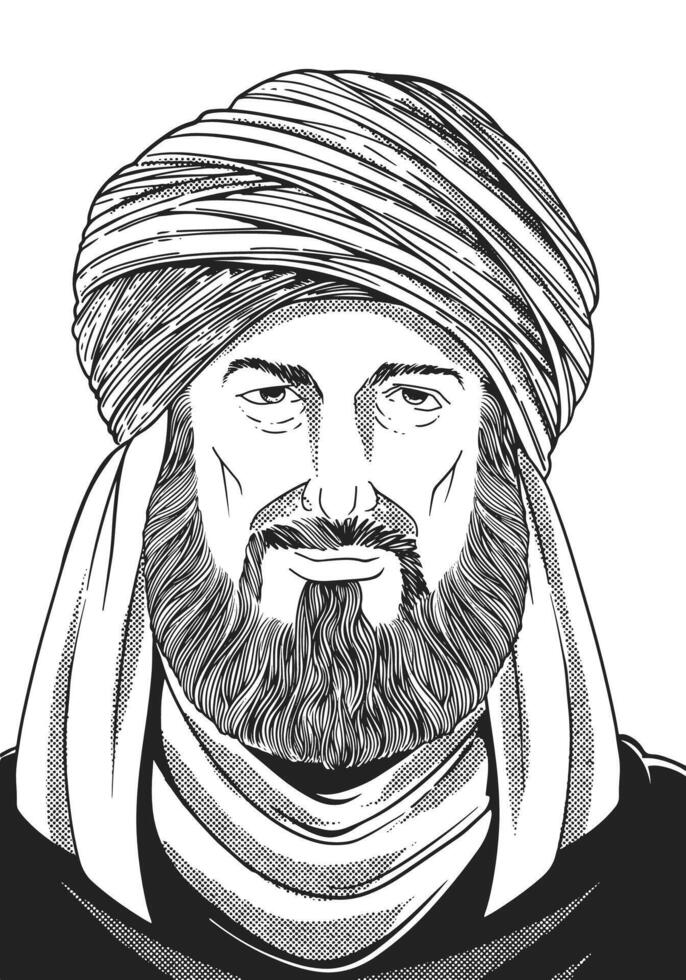 Al-Mawardi 972-1058 Hand Drawn Engraving Portrait. Jurist and Political Philosopher in Islamic Governance. vector