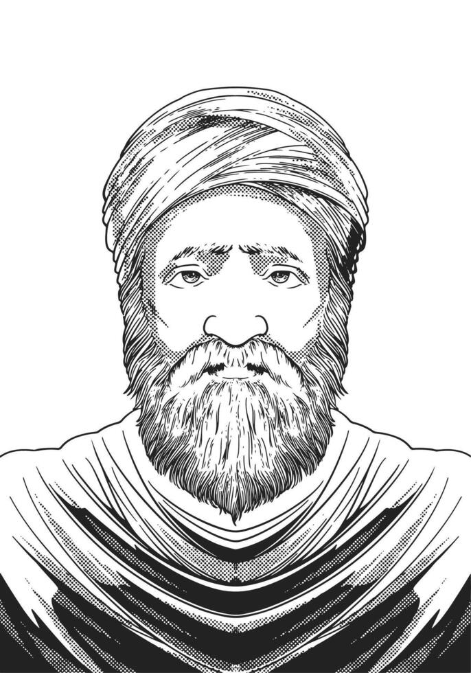 Ibn Taymiyyah 1263-1328 Hand Drawn Engraving Portrait. Renowned Theologian and Islamic Scholar. vector