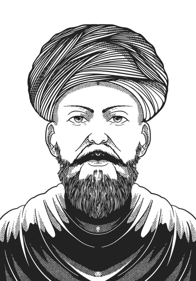 Al-Bukhari 810-870 Hand Drawn Engraving Portrait. Respected Scholar of Hadith Collections. vector