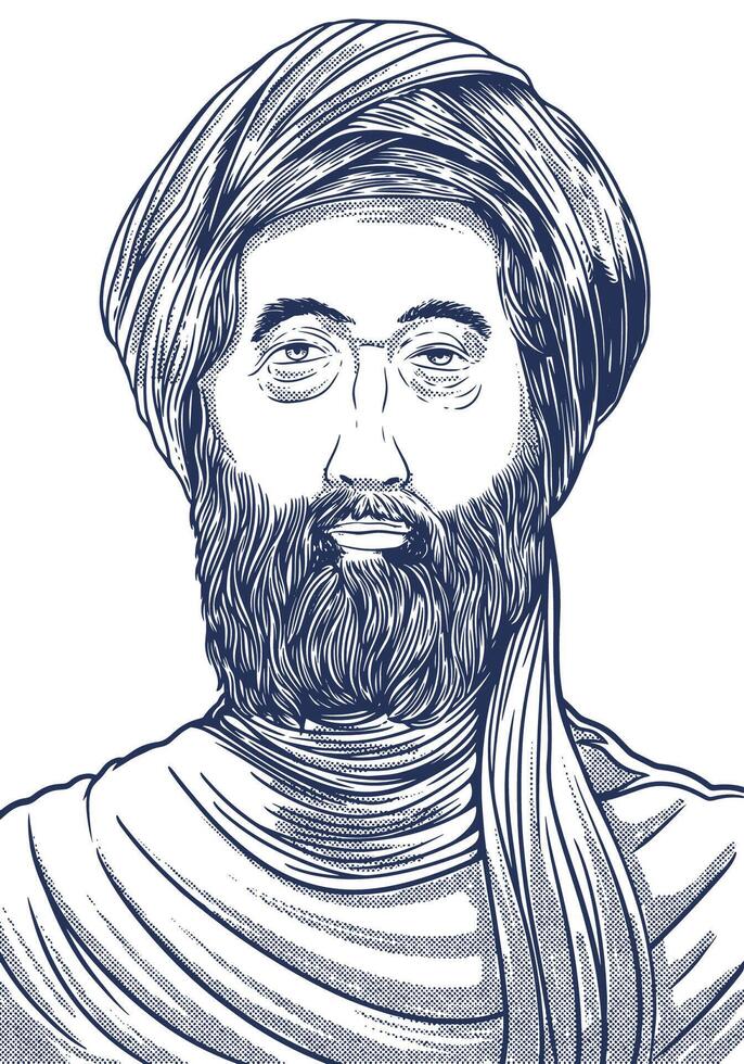 Ibn Rushd 1126-1198 Hand Drawn Engraving Portrait. Philosopher and Commentator of Aristotle Works. vector