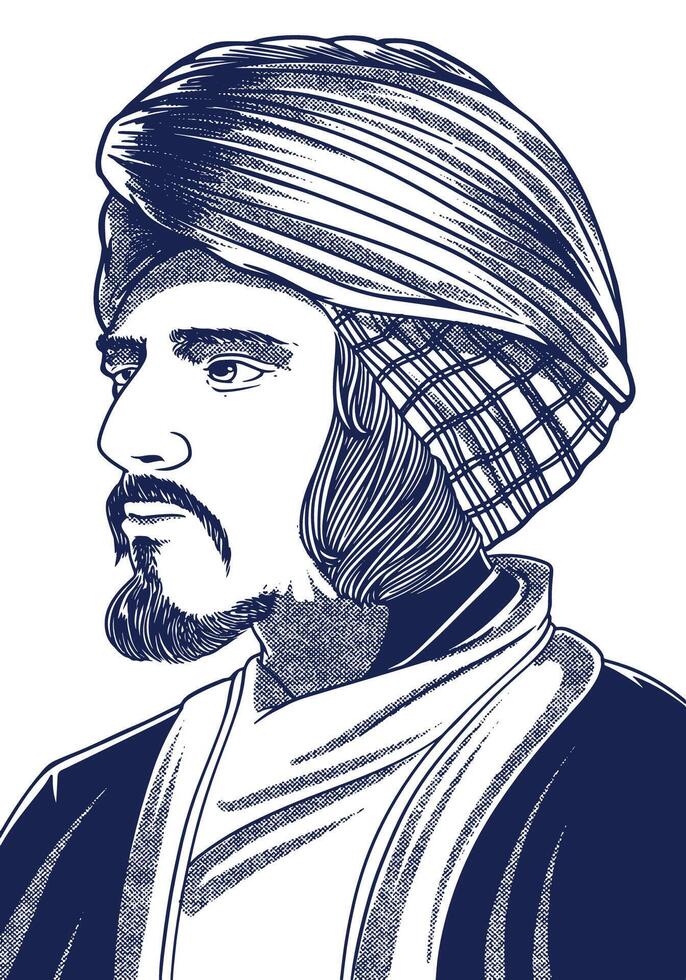 Ibn Khaldun 1332-1406 Hand Drawn Engraving Portrait. Founding Figure of Sociology and Historian. vector