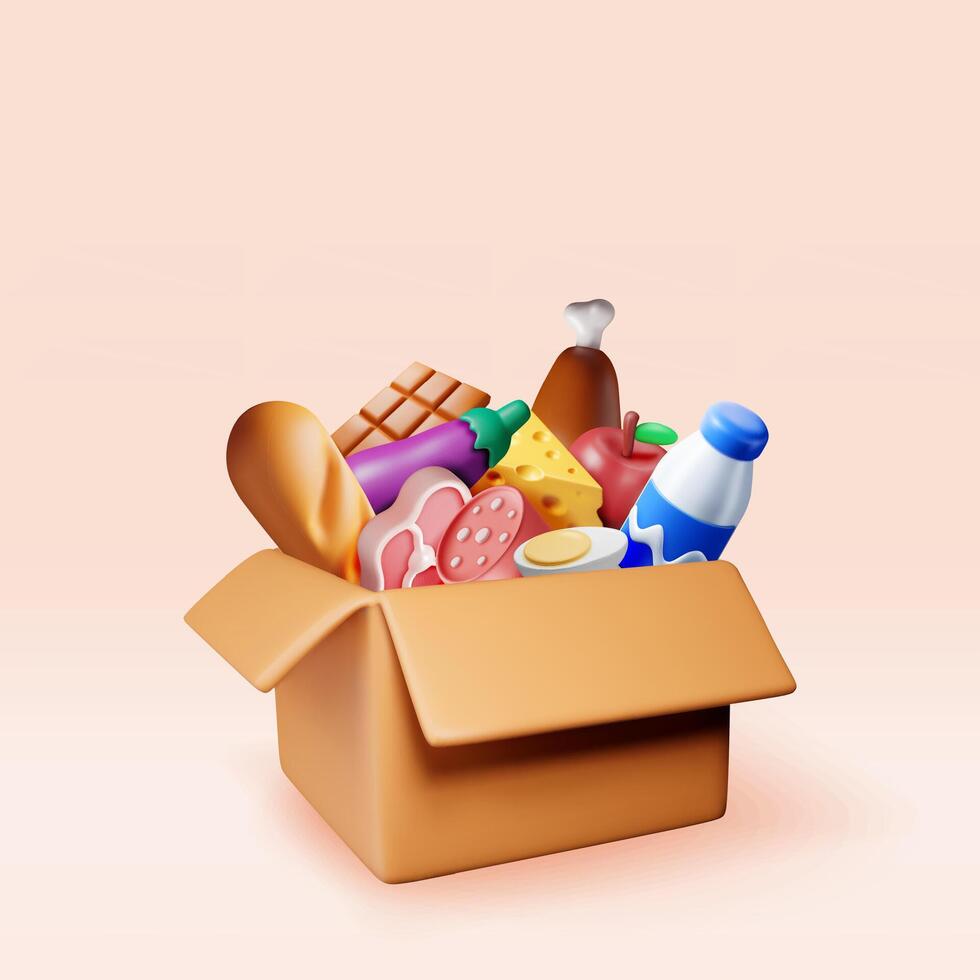 3D Cardboard box with food isolated. Render carton package full of groceries. vector