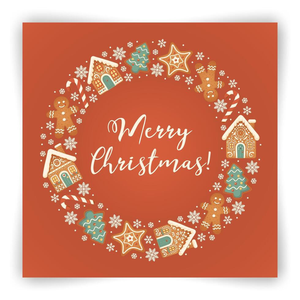 Christmas Wreath with Gingerbread Cookies Postcard vector