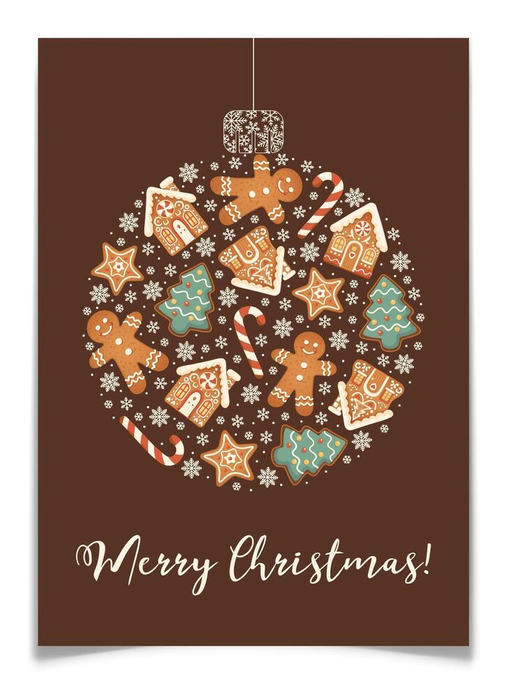 Christmas Ball with Gingerbread Cookies Postcard. vector