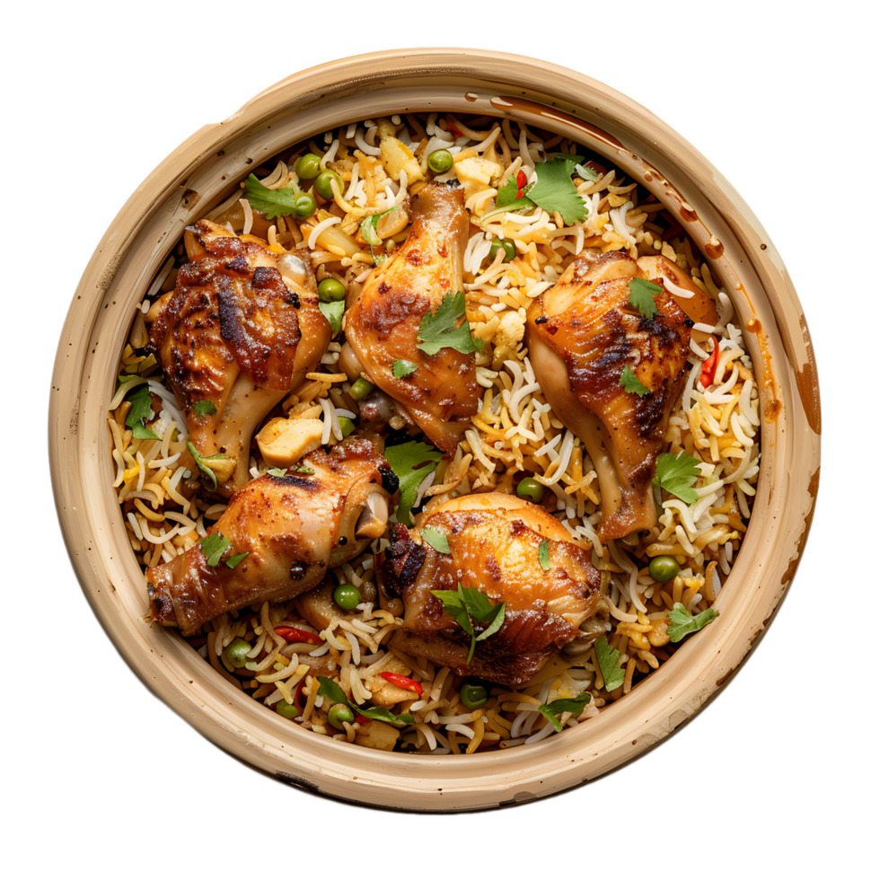 A bowl of biryani with chicken isolated on transparent background png