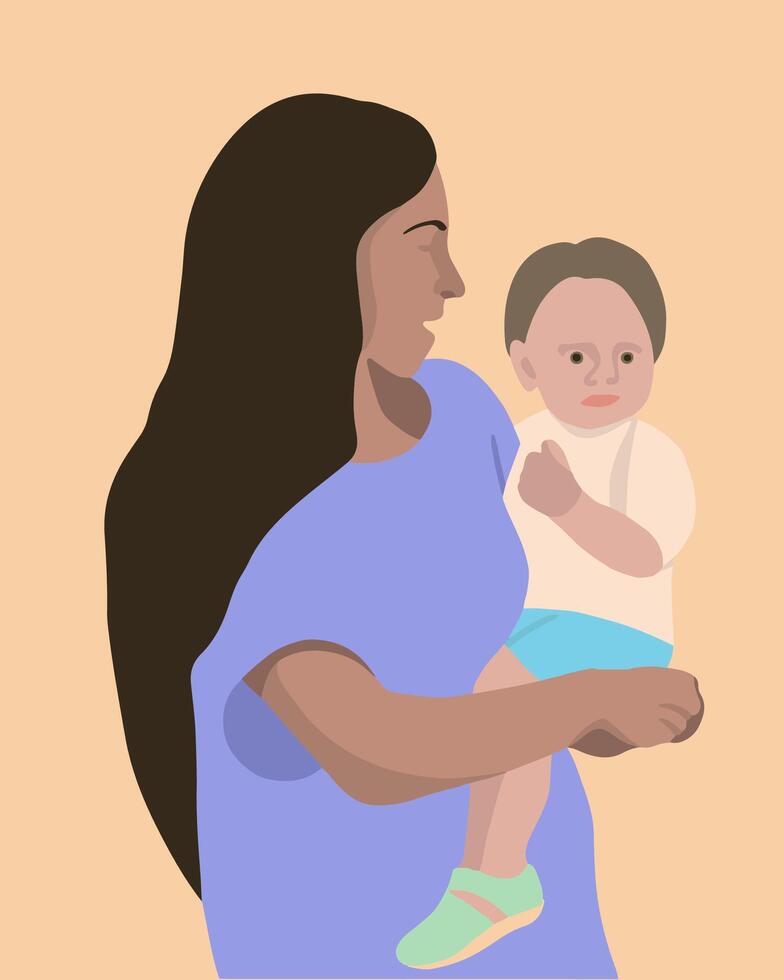 Illustration of a mother holding a child in her arms. vector