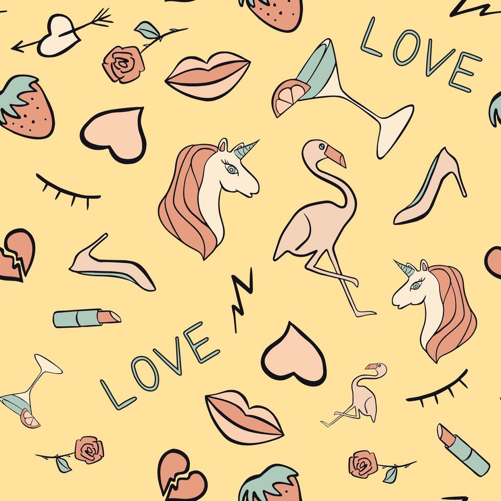 The design showcases whimsical icons like unicorns and hearts against a bright yellow background vector