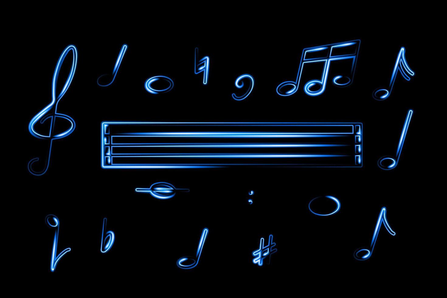 A collection of glowing blue musical notes and symbols surrounds a blank sheet music staff on a dark background, highlighting creativity vector