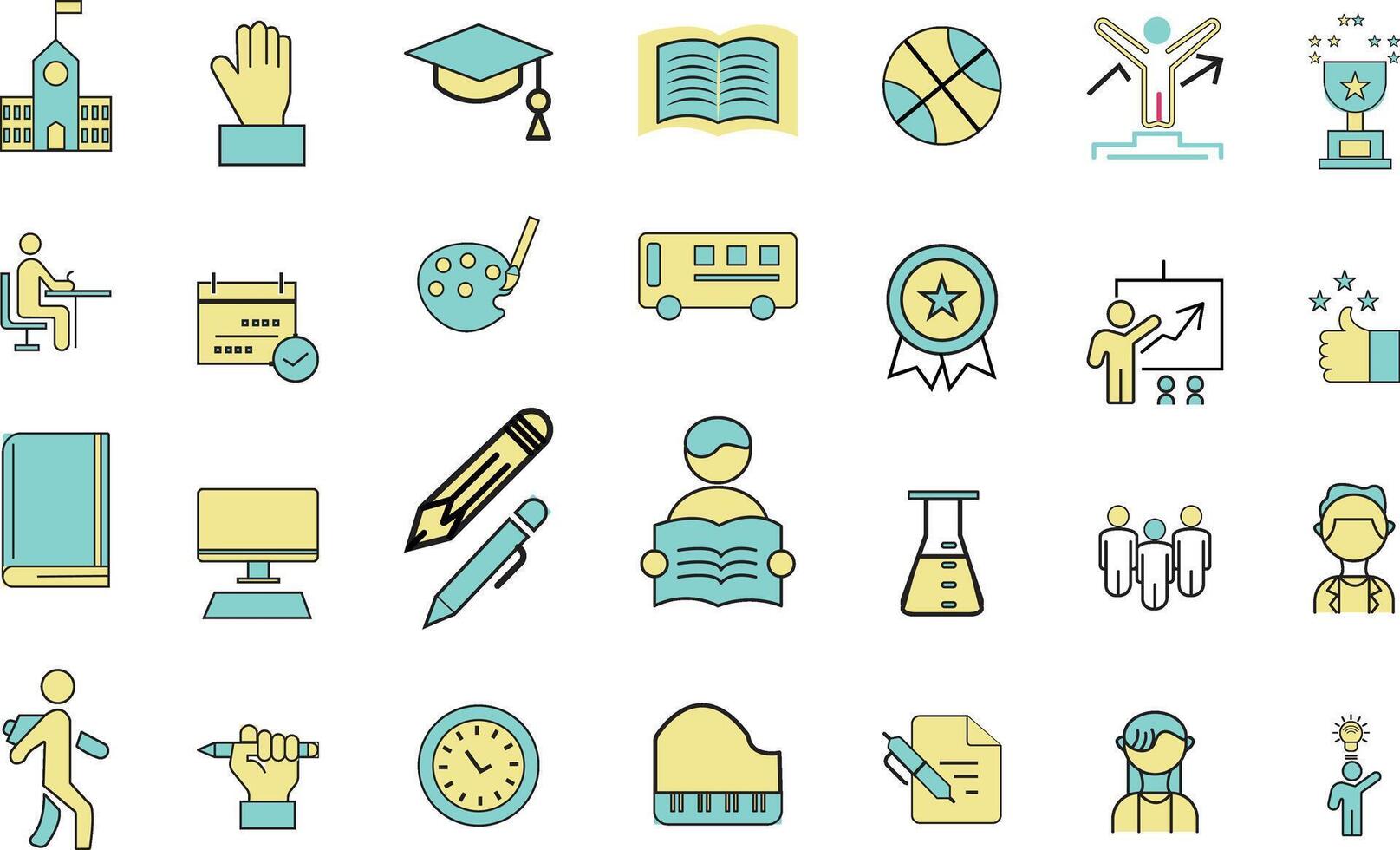 School icons set. Backpack, book, globe, paints, ruler, pen, pencil, calculator, pencil box, brushes, glue. vector