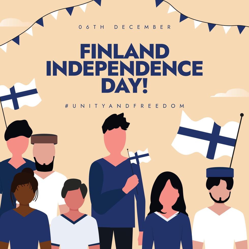 Independence day of Finland celebration banner, card, post template with people holding its flags and wearing flag colour clothes vector