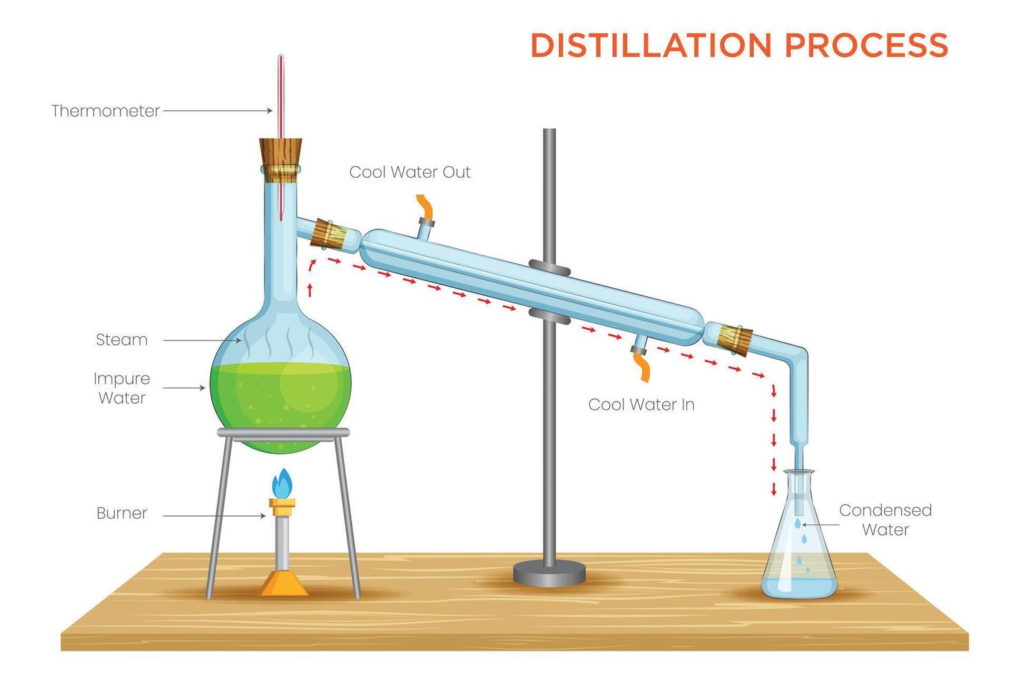 Distillation Process Separating and Purifying Liquids through Heating and Condensation vector