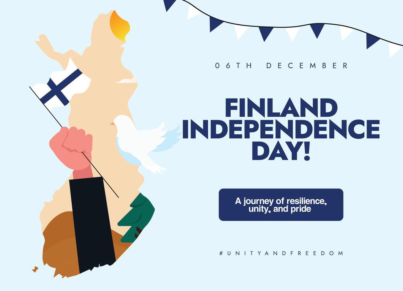 Finland independence day, 6th December conceptual banner, post. Independence day of Finland with a hand holding its flag, map. The day recalls when country got freedom from Russia Empire in 1917. vector