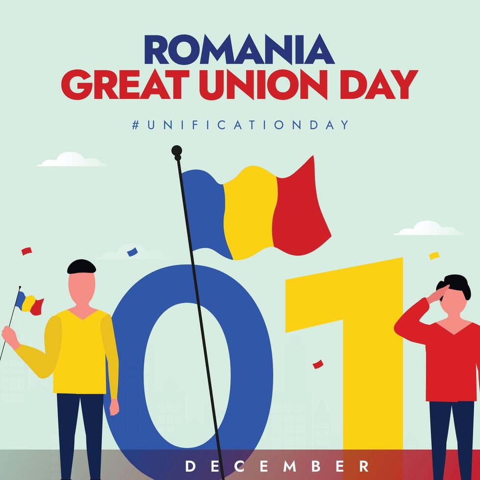 1st December Romania Union day celebration banner with two men, one men holding the Romanian flag and other doing salute sign. vector