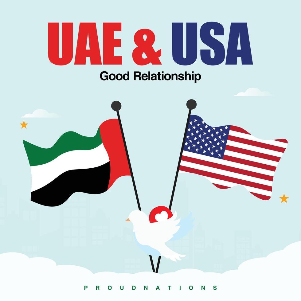 UAE and USA national flags, dove. UAE and USA foreign relations, meetings banner with their flags. United states of America, United Arab Emirates. vector