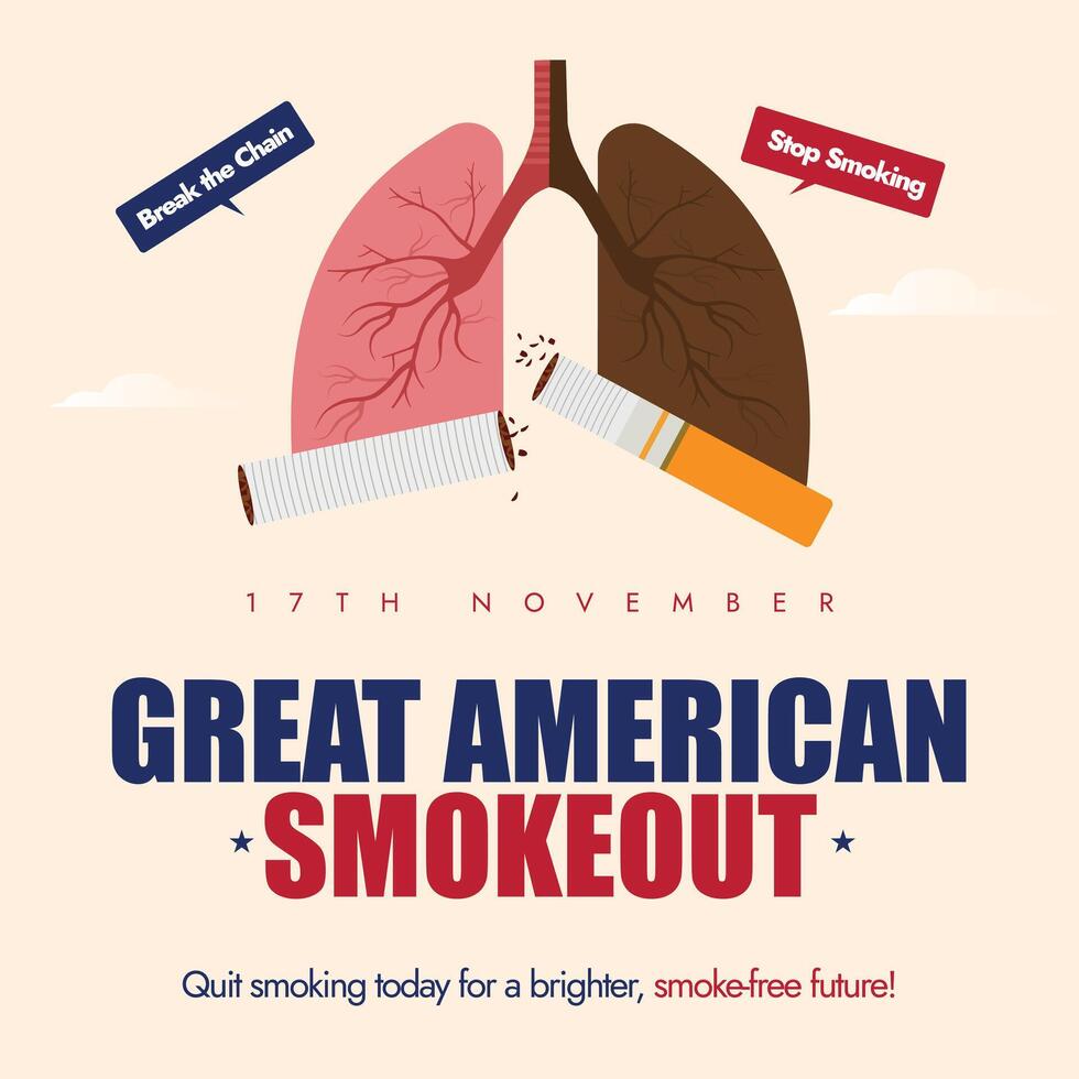 Great American Smoke out. 17th November American smoke out celebration banner with pair of lungs, one lung is infected with cigarette smoking. The day encourages to quit smoking. vector
