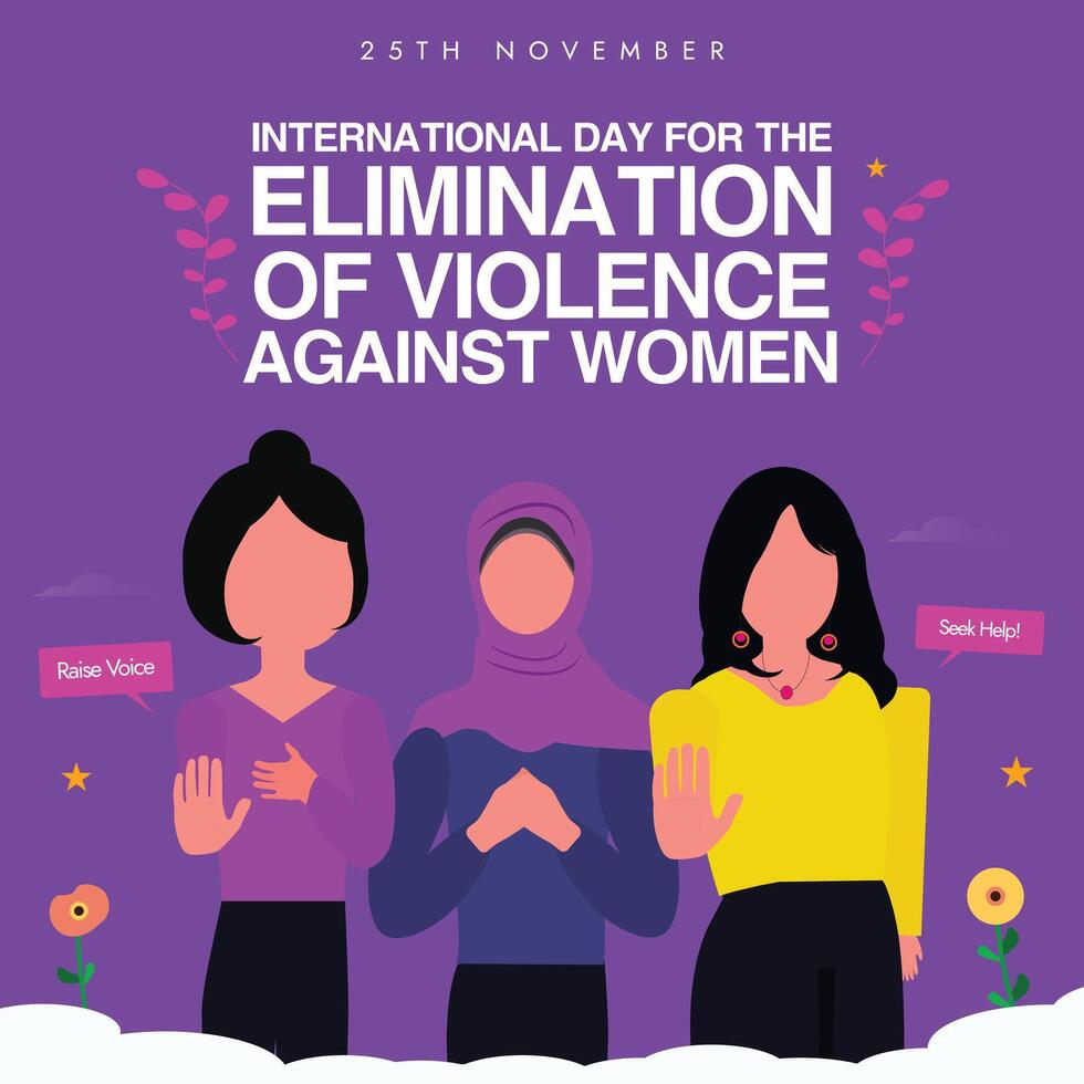 25th November Elimination of violence against women awareness banner with three females of different ethnic. vector