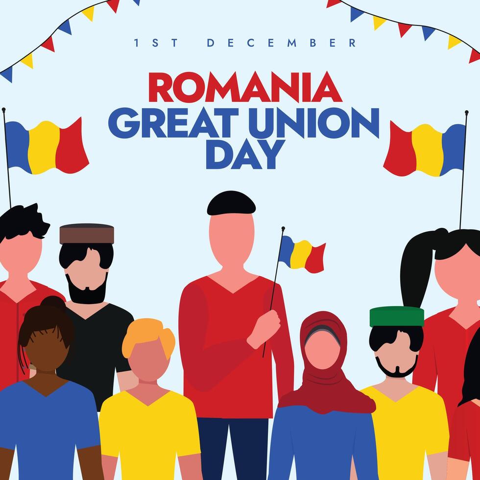 Romania great union day. 1st December Romania Union day celebration banner with its flags, people holding flags and wearing flag colours. The day recalls country's unification in 1918. vector