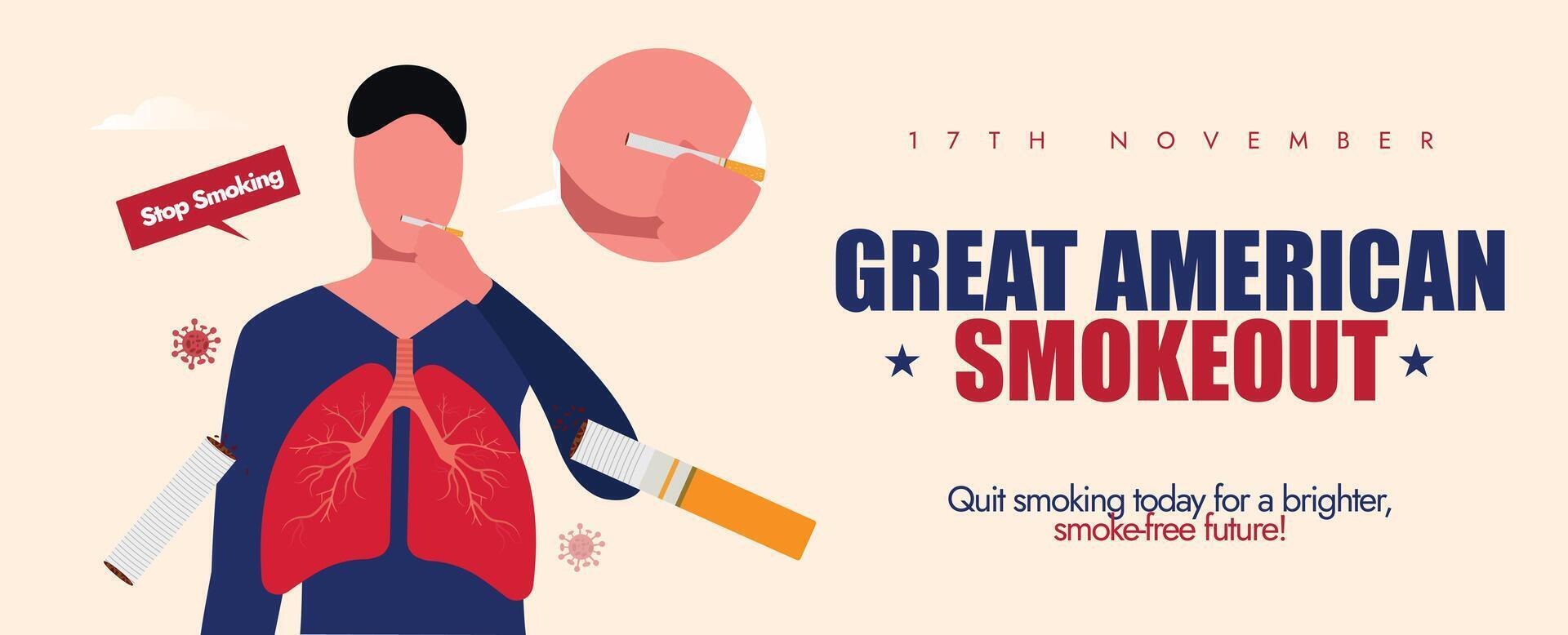 17th November American smoke out celebration banner with pair of lungs, men smoking cigarette vector