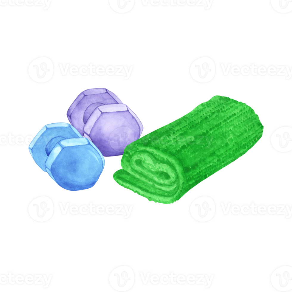 Watercolor illustration of a towel and dumbbells. The drawing is done by hand. Elements on a transparent background. Image of objects for stickers, scrapbooking, posters, prints png