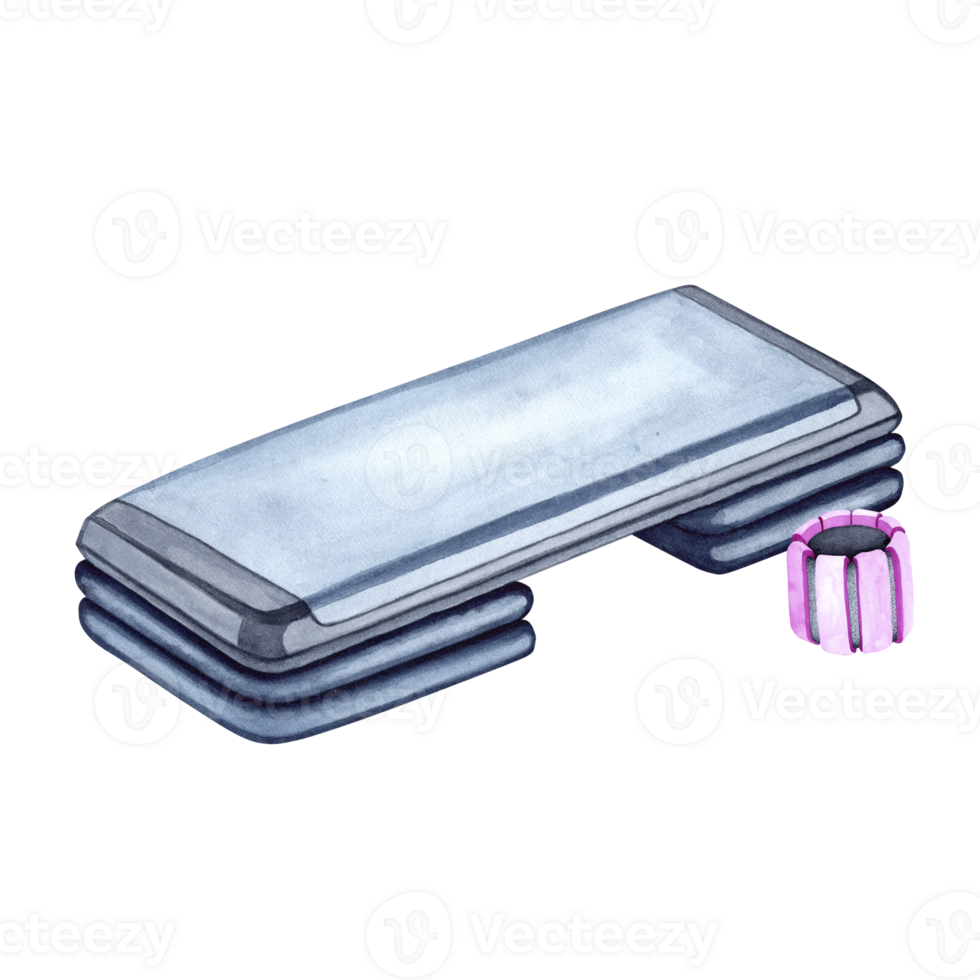 Watercolor illustration of aerobic step and dumbbells. The drawing is done by hand. Sports equipment on a transparent background. Image of objects for stickers, scrapbooking, posters, prints png
