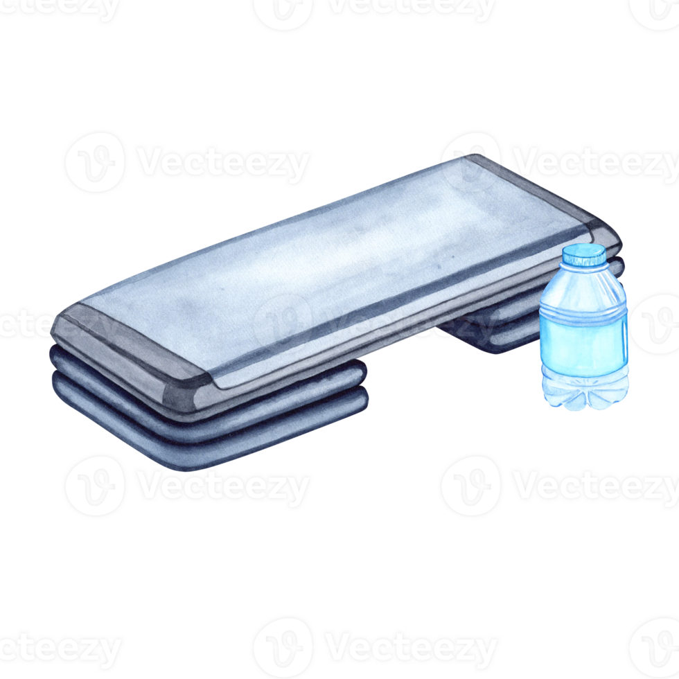 Watercolor illustration of aerobic step and water bottle. Hand drawn. Sports equipment on transparent background. Image of items for stickers, scrapbooking, posters, prints png