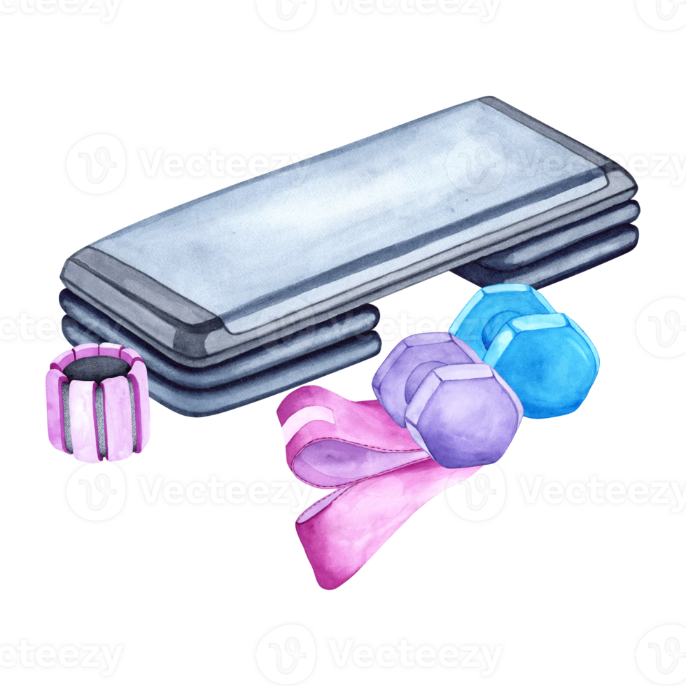 Watercolor illustration of aerobic step, dumbbells, weights and band. The drawing is done by hand. Elements on a transparent background. Image of objects for stickers, scrapbooking, posters, prints png
