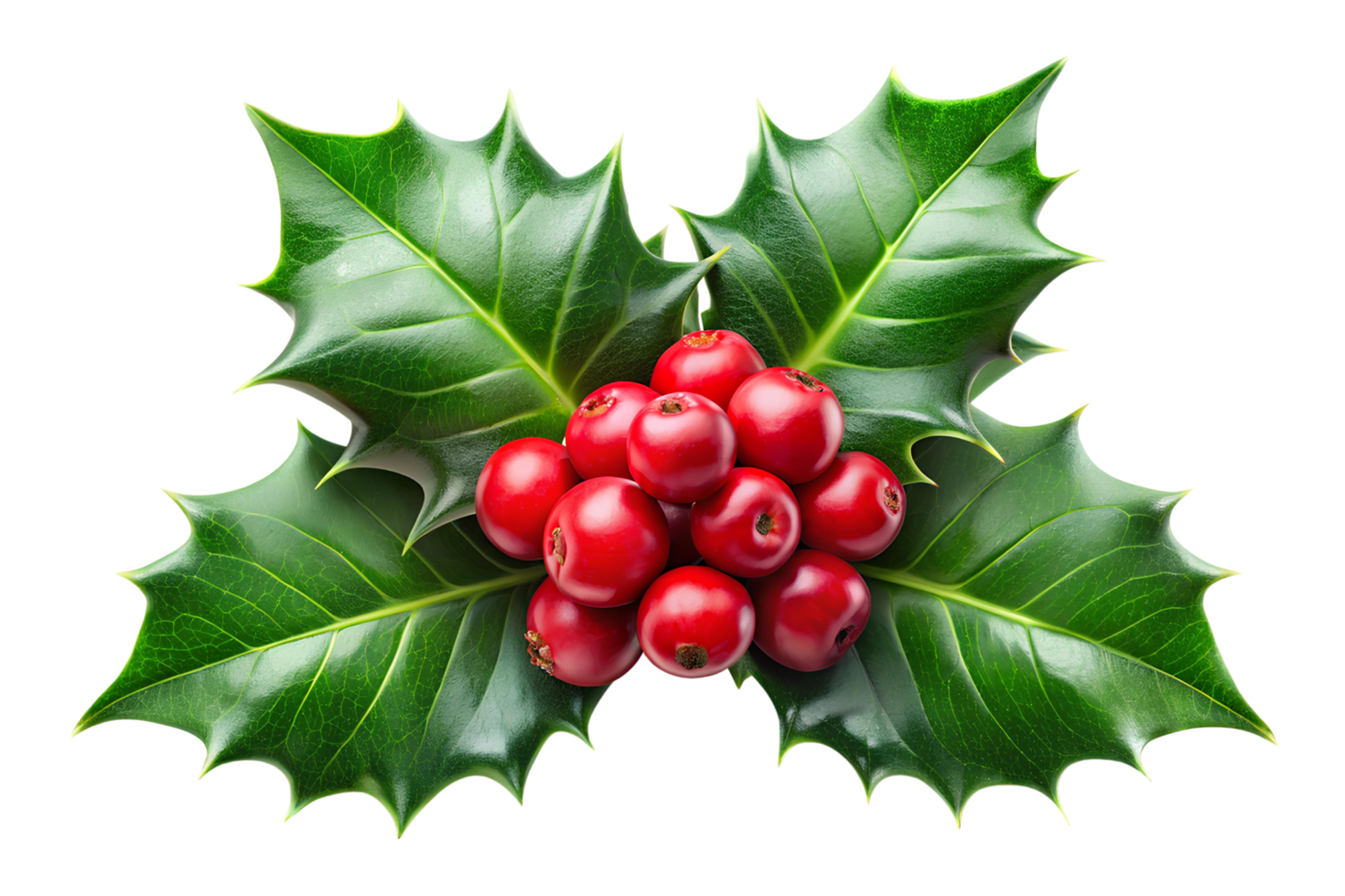 Close-up of holly leaves with red berries on a transparent background. png