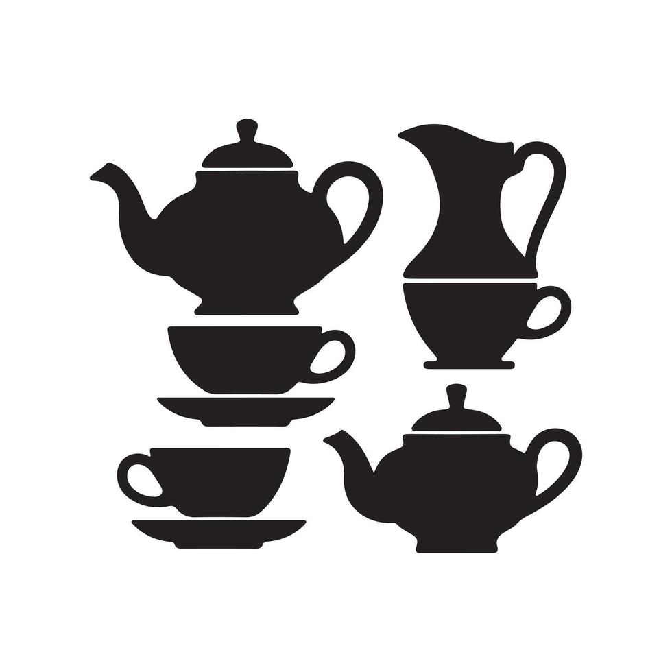 silhouette set of tea and coffee serving art vector