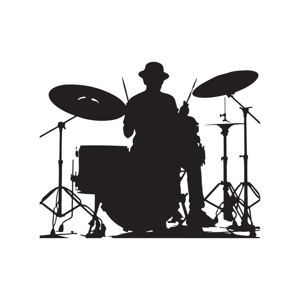a silhouette of a drummer wearing a hat playing art vector